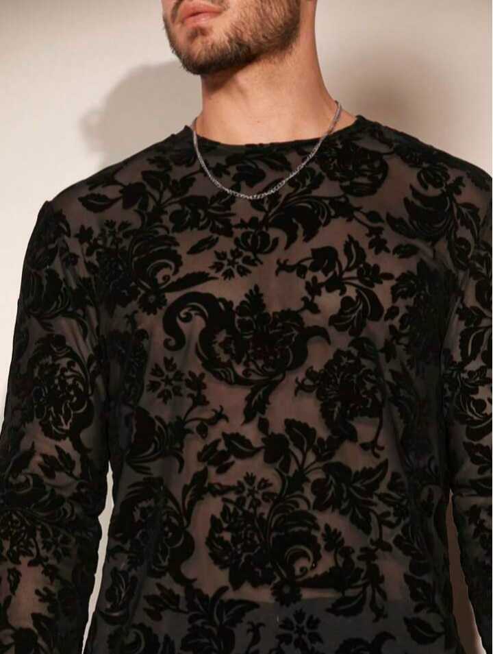 Men's Floral Print Sheer Mesh Long Sleeve T-Shirt